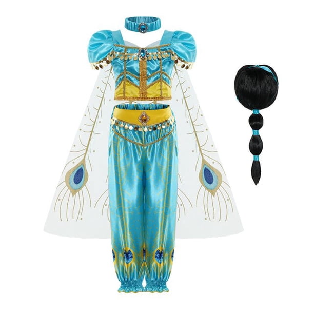 Vestido de jazmín para niñas, disfraz de princesa Aladino, disfraz de fiesta de cumpleaños para niños, Top + pantalón + diadema, conjunto de Vestidos, ropa 5-6T (etiqueta 130) Gao Jinjia LED