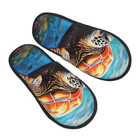 

Kdxio Colorful Underwater Sea Turtle Pattern Slippers for Women Memory Foam Fuzzy House Slippers Bedroom Non-slip Warm Womens Slippers