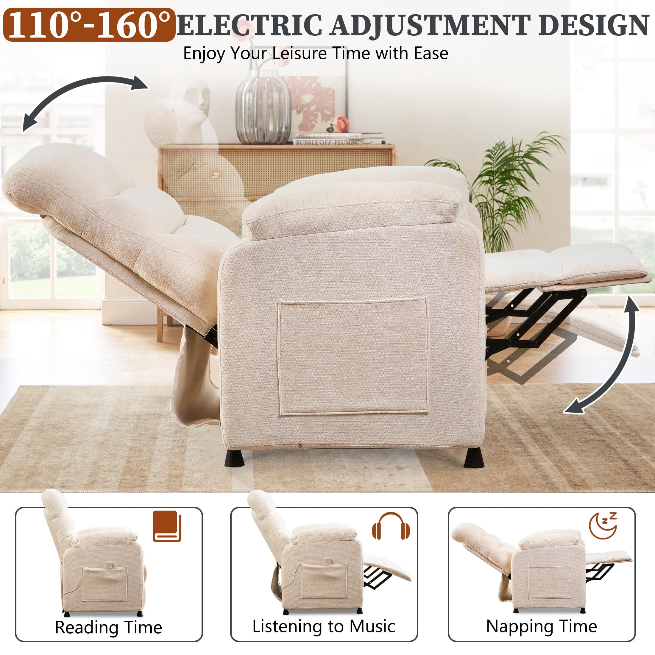 Power Recliner Chair Living Room with Adjustable Backrest and Footrest, Electric Recliner Chair for Adults, Luxurious Chenille Fabric (Beige)