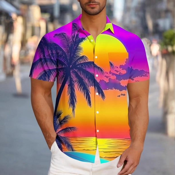Blusa y camisa de manga corta con cuello vuelto para hombre, blusa informal de moda con cuello vuelto, blusa estampada de manga corta con botones, blusa de poliéster para hombre