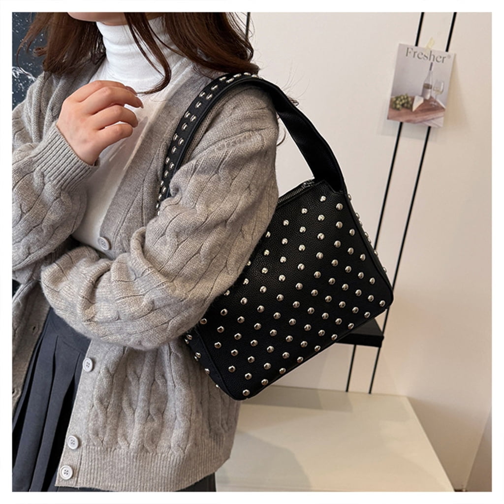 Necvior Studded PU Underarm Purse Shoulder Bag Retro Punk Style 90s Small Zippered Handbag for Women Fashion Streetwear