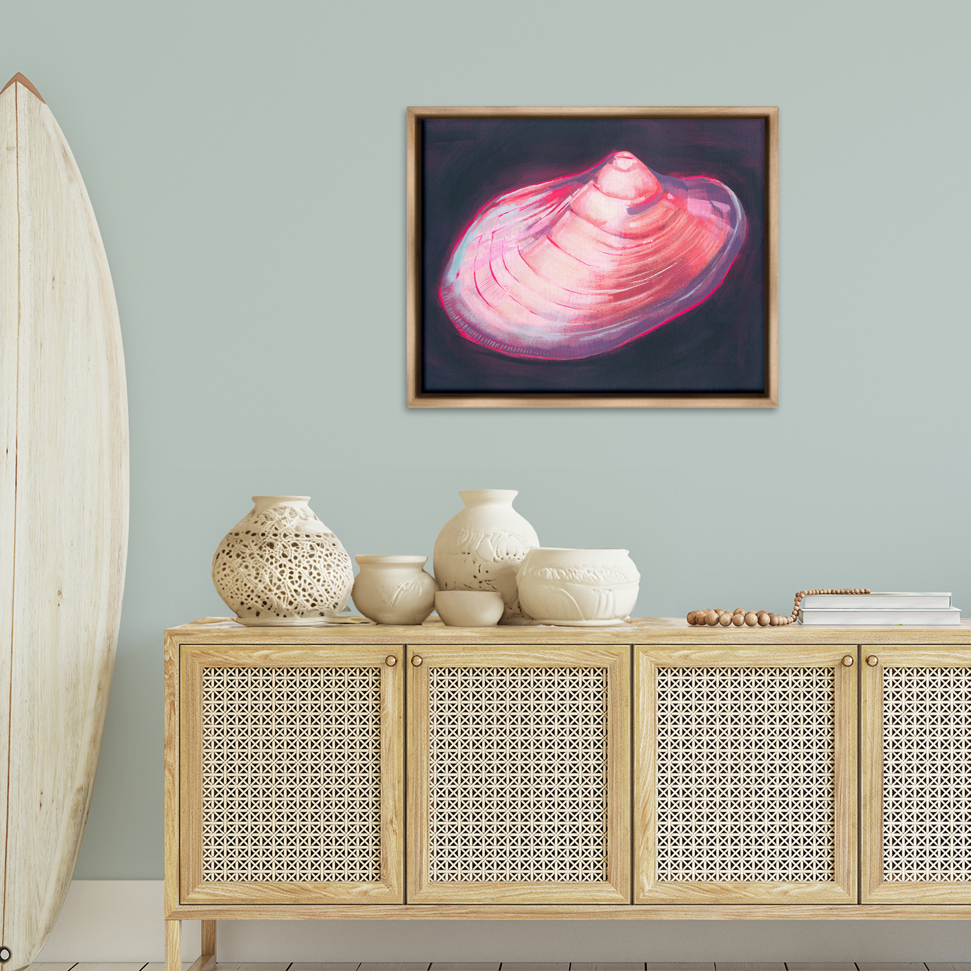 Stupell Industries Pink Seashell on Black Animals & Insects Painting Brown Floater Framed Canvas Art Print Wall Art, 31 x 25