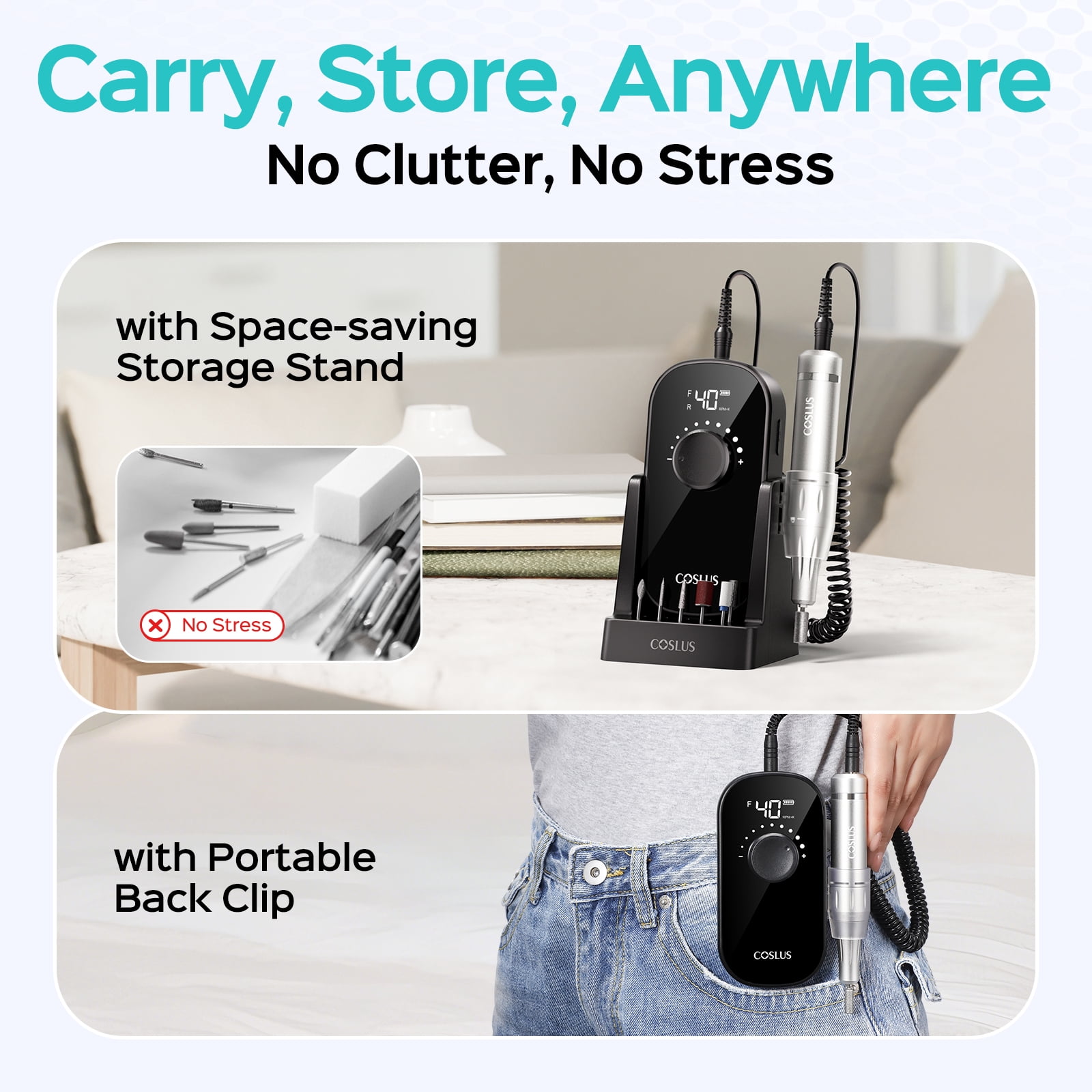 COSLUS Electric Nail Drill,40000 RPM Portable Nail File with Storage Stand,for Acrylic Gel,Black