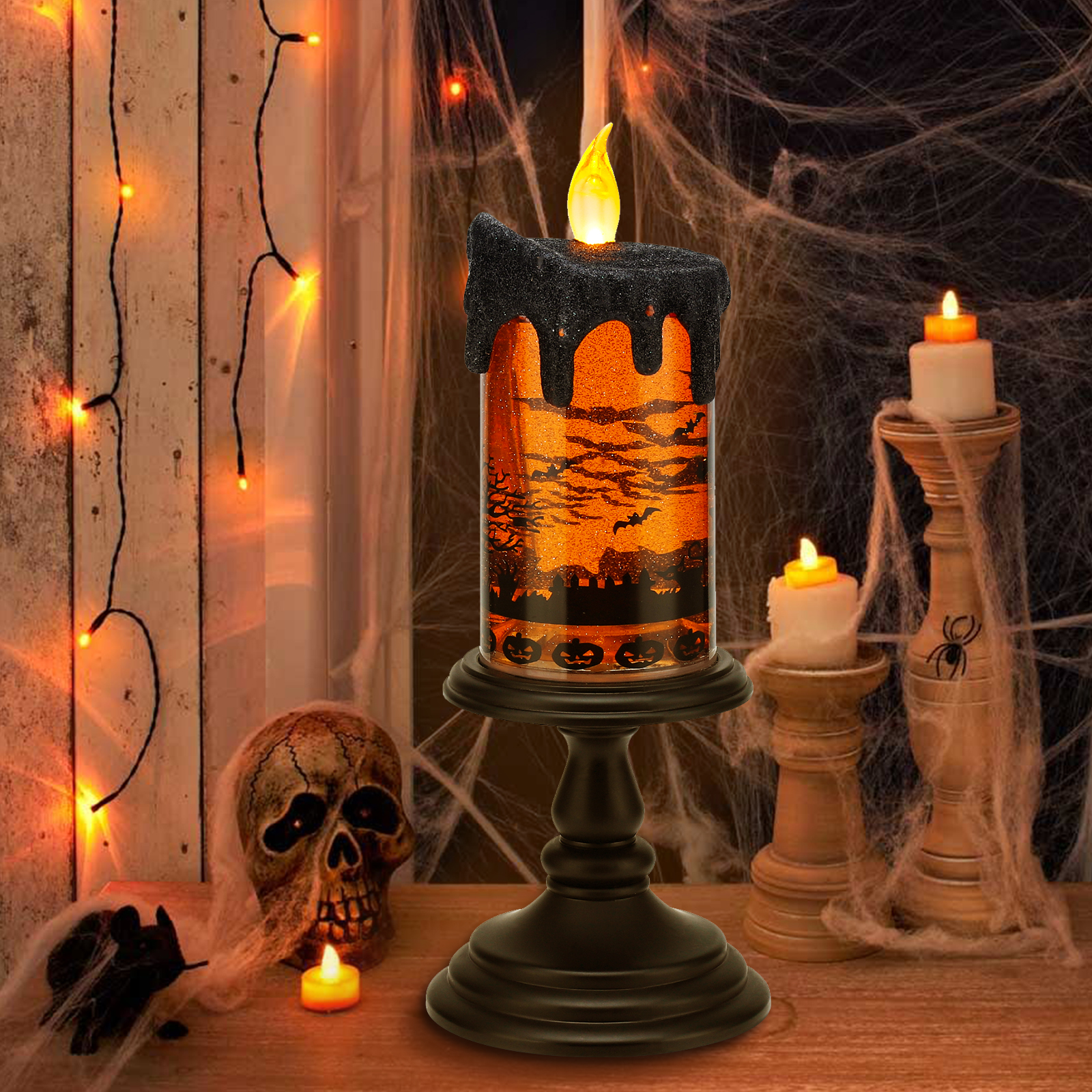 Halloween Snow Globe Candles Lighted Lamp, Lighted Flameless Candles with Water Glitter Swirls and Spooky Moving,Battery Operated
