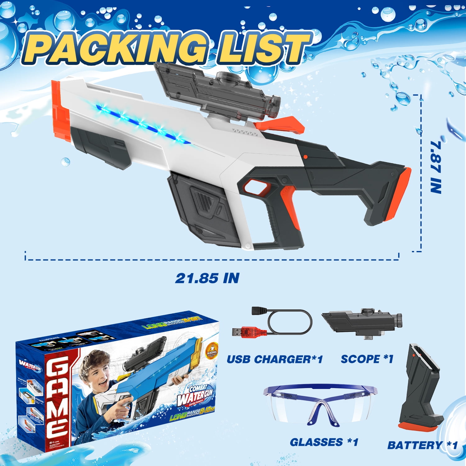 JoyStone Electric Water Blaster with Light, Automatic Manual Suction 2-in-1 Water Blaster for Adult Kids, Squirt Blaster39 Ft Range, Pool Beach Outdoor Party Toys, White