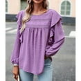 thumbnail image 4 of SWSMCLT Women's Long Sleeve Top Chiffon Cute Shirt Ruffle Loose Soft Crew Neck Summer Lantern Sleeve Blouses Purple Medium, 4 of 5