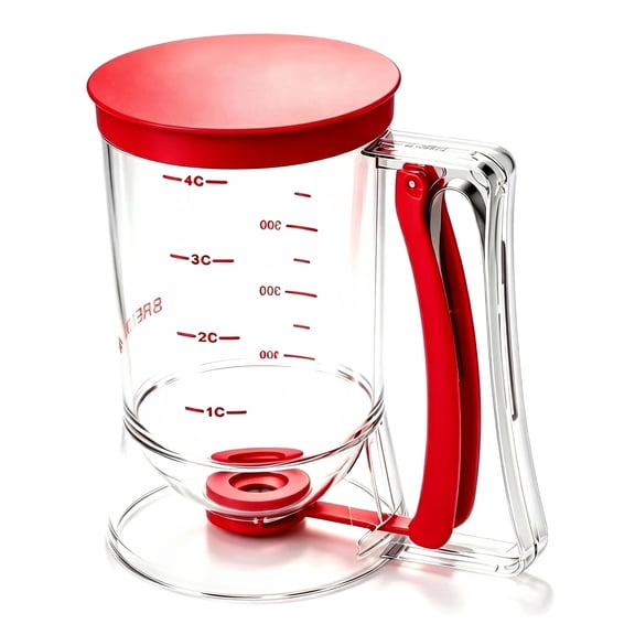 Pancake Batter Dispenser 4-Cup, with Squeeze Handle & Measuring Marks, Batter Dispenser for Pancakes, Waffles, Muffins, Crepes & Cupcakes - Red