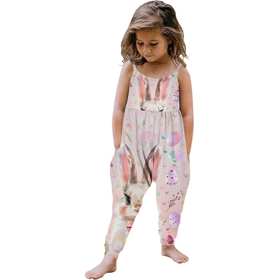 Girls Easter Jumpsuit Kids Romper Sleeveless Bunny Print with Pockets Pink Spring Outfit Kids Clothes,Size 2 T