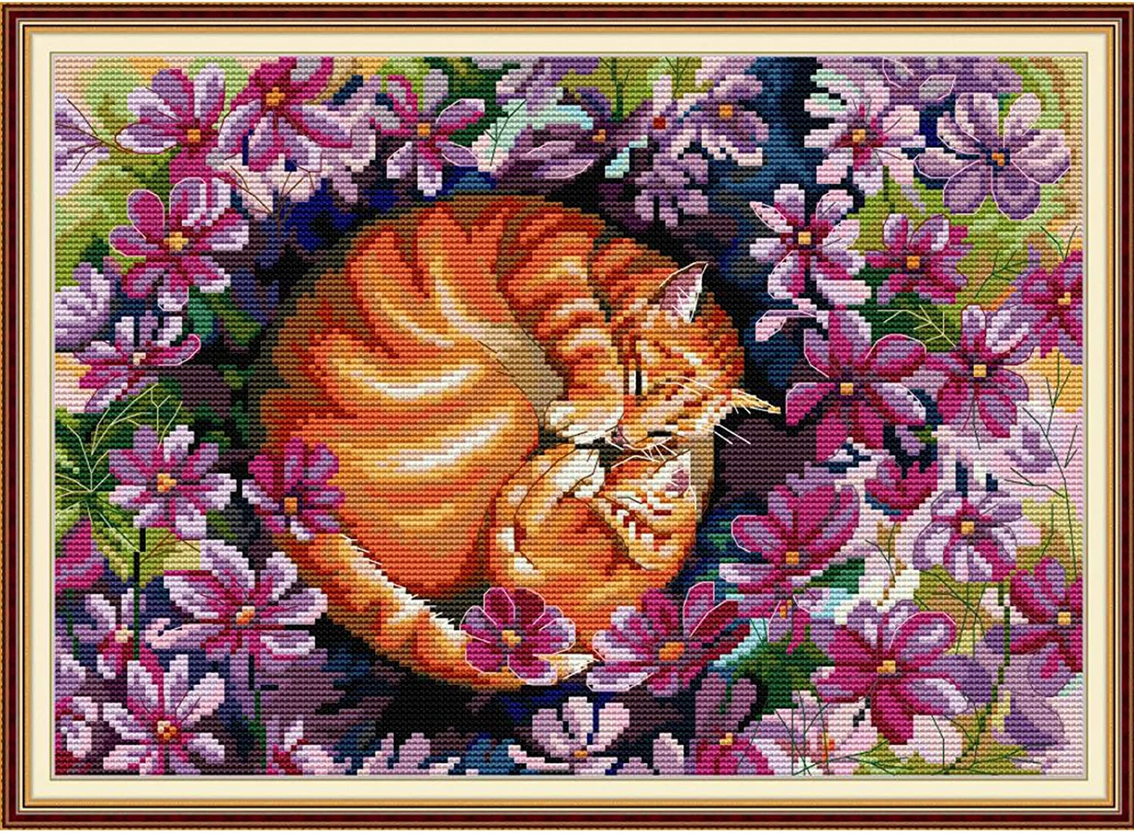 Cross Stitching Kits for Adults Stamped-DIY 11CT 3 Strands Embroidery  Animal Patterns Needlepoint Kits for Adults-Cat in Flowers 18.9x14.6 inch 