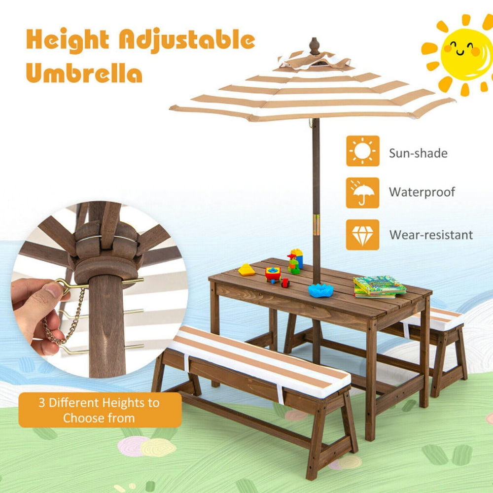 GVN Kids Picnic Table and Bench Set with Cushions and Height Adjustable Umbrella-Brown, Kids Desk and Chair Set for Arts & Crafts, Snack Time, Homeschooling, Homework