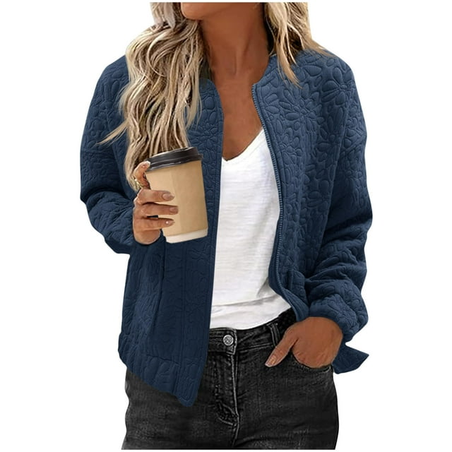 HAiming Womens Oversize Zip up Jacket Casual Long Sleeve Crew Neck Coat Tops Solid Color Trendy Clothes