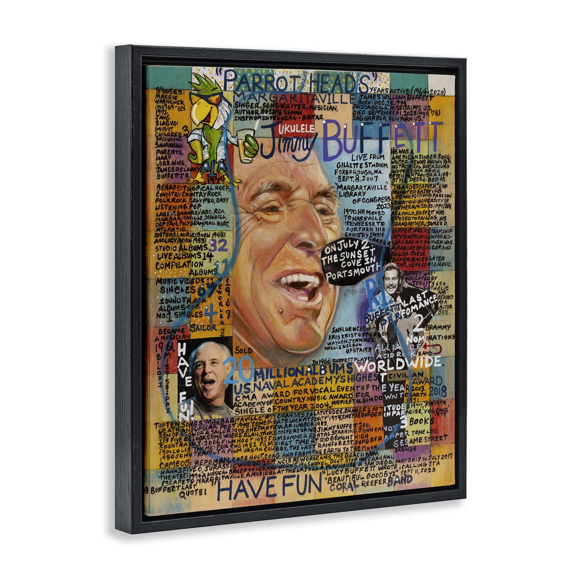 Stupell Industries Jimmy Buffet Collage People Drawing Black Floater Framed Canvas Art Print Wall Art, 25 x 31