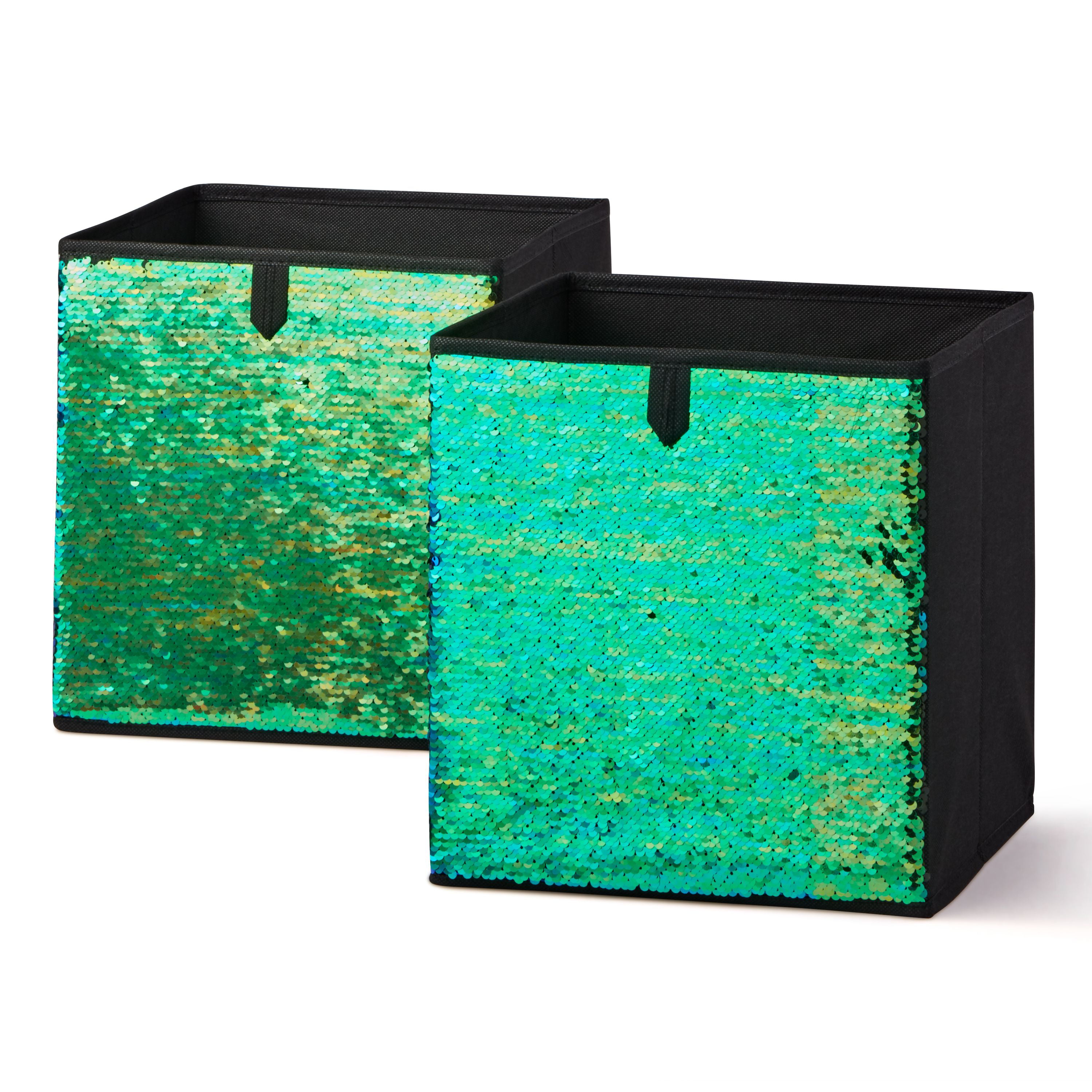 2x Glitter Teal Reversible Sequin Collapsible Storage Cube Bin Basket Box Home 