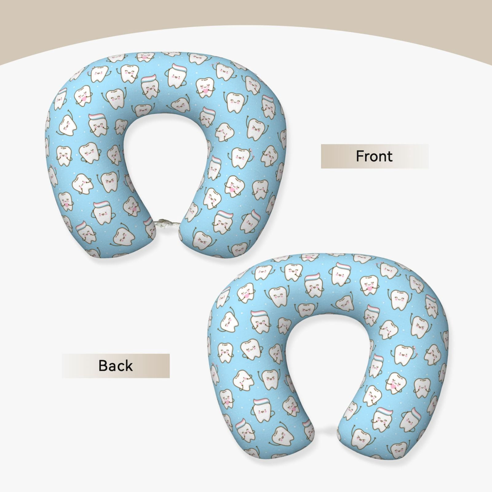 Xecao Cute Teeth Print Memory Foam Cervical Neck Pillow Versatile U-Shaped Pillows for Home,Office,Camping,Travelling,Soft Washable Cover