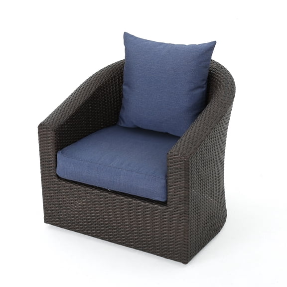 Dill Outdoor Aluminum Framed Wicker Swivel Club Chair with Water Resistant Cushions, Set of 2, Mixed Brown and Navy Blue