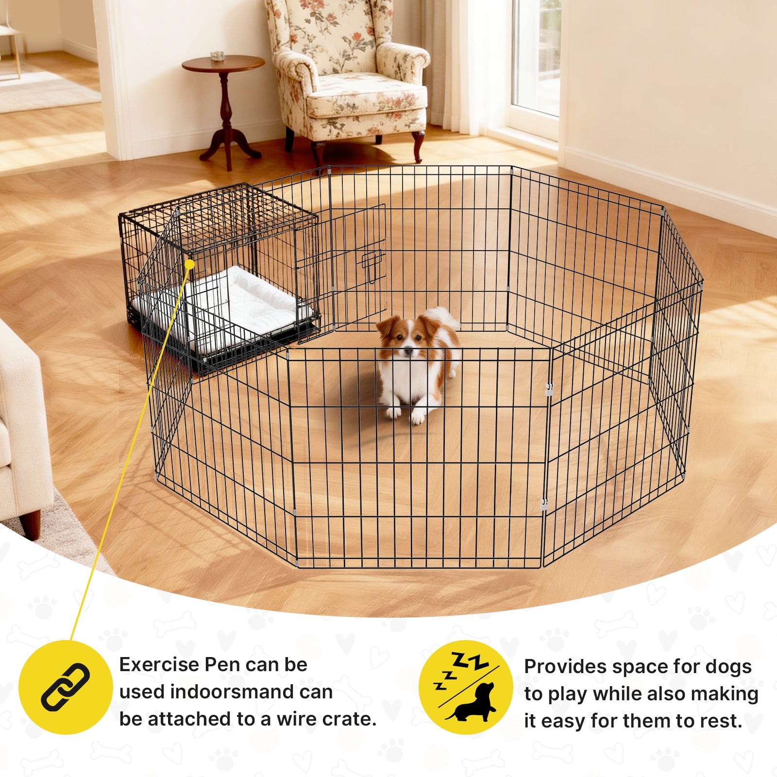 ZephyPaws 30in Dog Playpen,Foldable Metal Exercise Puppy Play Pen with 8Panels,Indoor/Outdoor Pen with Door for Dogs,Cats or Small Animals