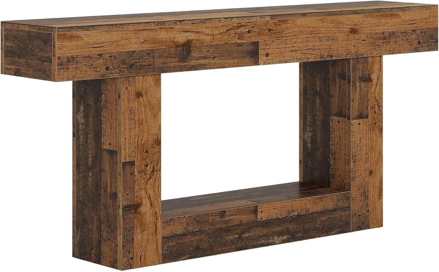 63" Farmhouse 2-Tier Console Table, U-Shaped Base Entryway Table, Narrow Wood Sofa Table Behind Couch for Living Room & Hallway (Mix Brown)