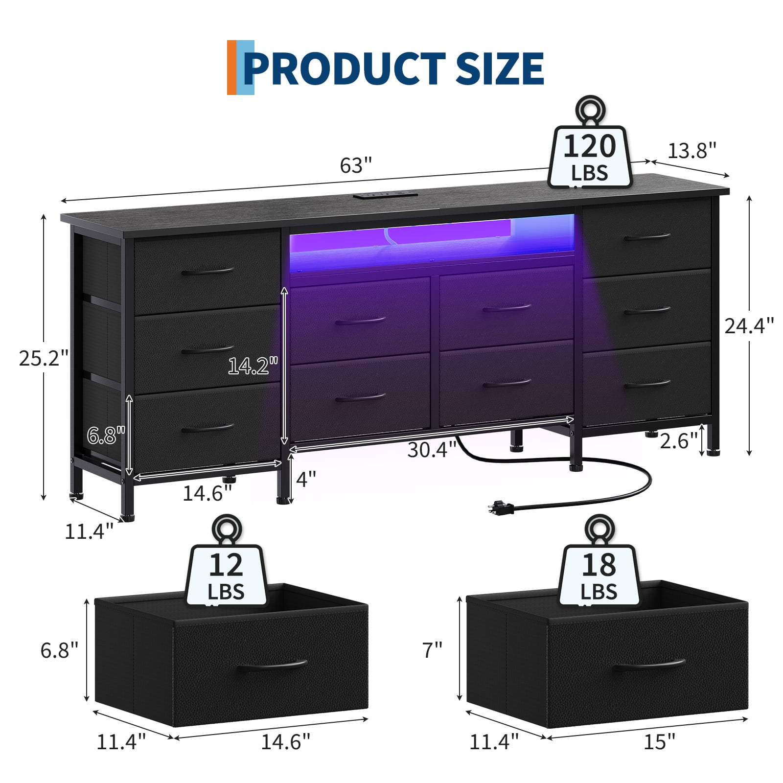 Kicctian 63" Wide Black Dresser with 10 Fabric Drawers Dresser with LED Lights and Power Outlet – Dresser for Bedroom & TV Stand for Living Room,Black