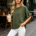 thumbnail image 2 of dazeni Summer Sweaters for Women Ruffle Flare Short Sleeve Knit Crochet Pullover Hollow out Oversized Crewneck Tops Army Green, 2 of 7