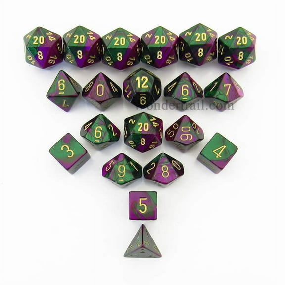 Green and Purple Gemini Dice with Gold Numbers 16mm (5/8in) Pack of 20 Chessex