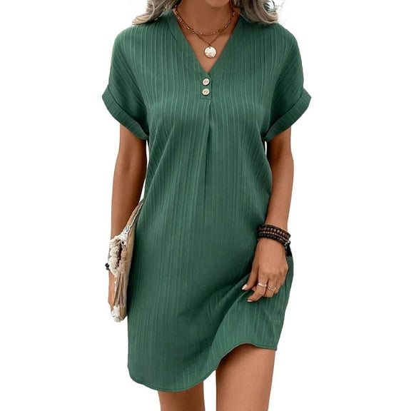 Summer Dresses for Women 2025 Casual Button V Neck Short Sleeve Tunics A Line Ribbed Mini T Shirt Dress Green L