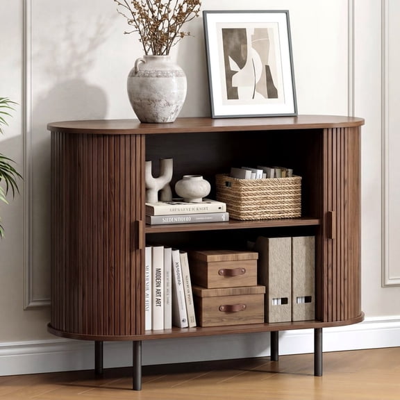 ROGALIS 40" Sliding Tambour Door Buffet Cabinet, Sideboard with Adjustable Shelves for Kitchen Living Room Hallway Entryway, Walnut
