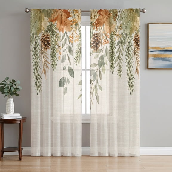 Fall Leaf Sheer Curtains 84 Inches Long, Farmhouse Vintage Country Maple Pinecones Beige Light Filtering Window Curtains for Living Room, Rod Pocket Voile Sheer Curtain Drapes, 52"W x 84"L, 2 Panels