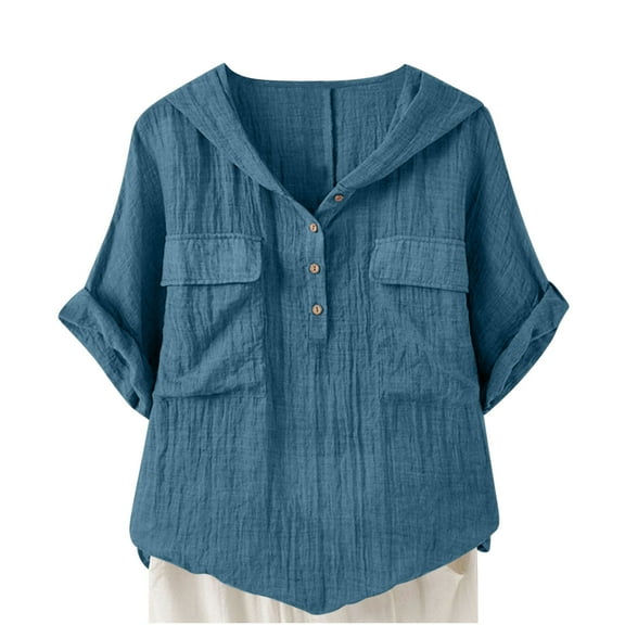 Womens Cotton Linen Hoodies, Short Sleeve Shirts for Women Summer Lightweight Casual Button Down V Neck Dressy Blouses with Pockets