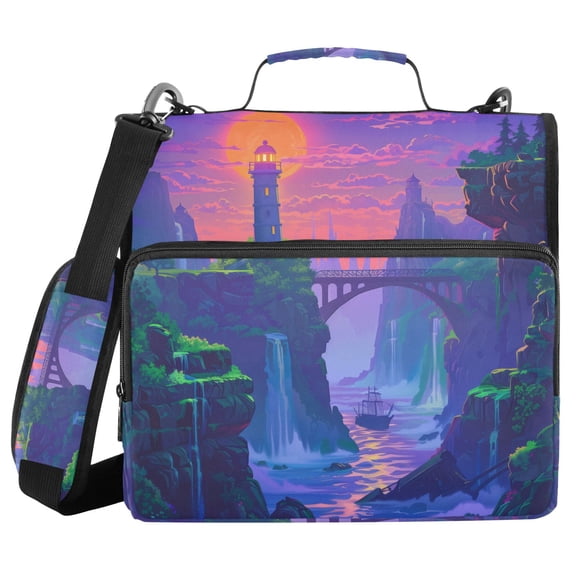 3 Ring Zipper Binder with Shoulder Strap Waterproof Trapper Keeper 2 Inch D-Ring 500 Sheets Capacity Lighthouse and Bridge on Sunset