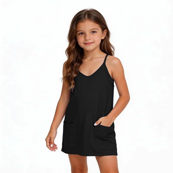 UQJfacai Girls Sleeveless Tennis Dress Kids Spaghetti Strap Golf Dress School Sports Dresses Outfit with Shorts Pockets 5-15 Years