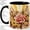 Black, variant on Retro Rose Bouquet Coffee Mug, Floral Rose Mug, Morning Tea Cup for Home, Pink Bloom with Yellow Daisies, Sunburst Rays and Brown Leaves, Vintage Flower Art, Cottage Garden Lover