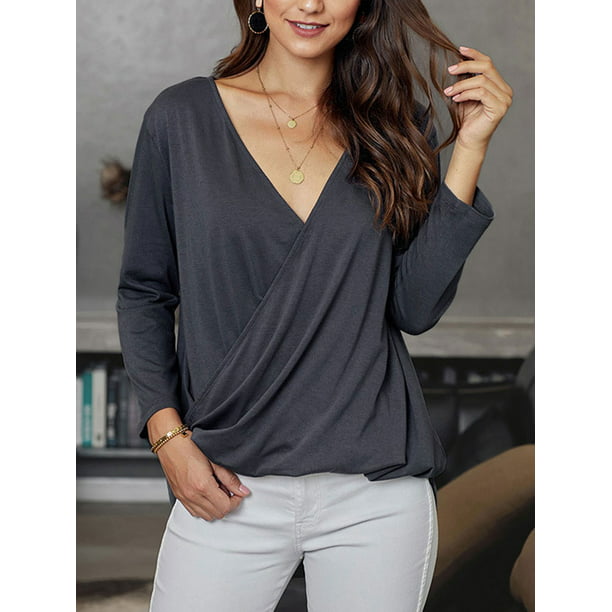 DODOING Womens V Neck Wrap Front Irregular Twist Hem 3/4 Sleeve Tops Casual  Solid Blouses and Soft Shirts