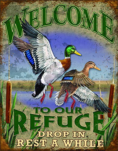 Welcome To Our Refuge Drop In Rest A While Mallard Ducks Tin Metal Sign NEW 