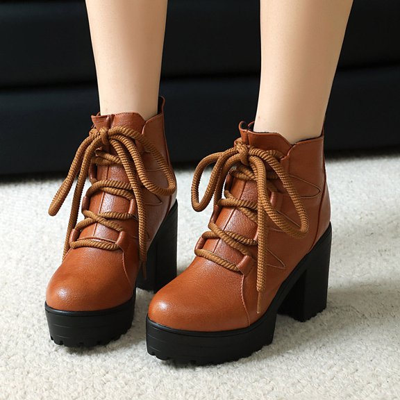Women's And Winter Boots Thick High Heels Round Toe Lace Up And Bare Boots Short Boots