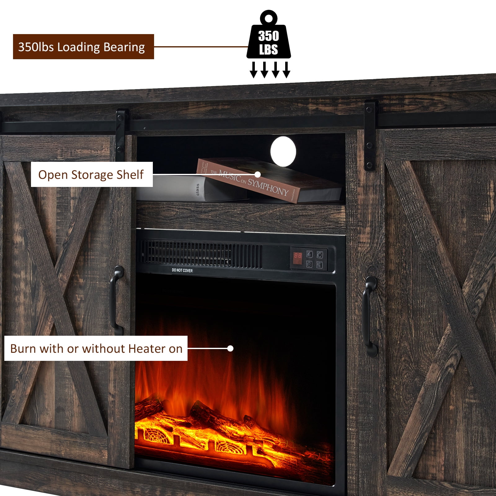 Merluxy Farmhouse 63" Fireplace Entertainment Center, Dark Rustic Oak
