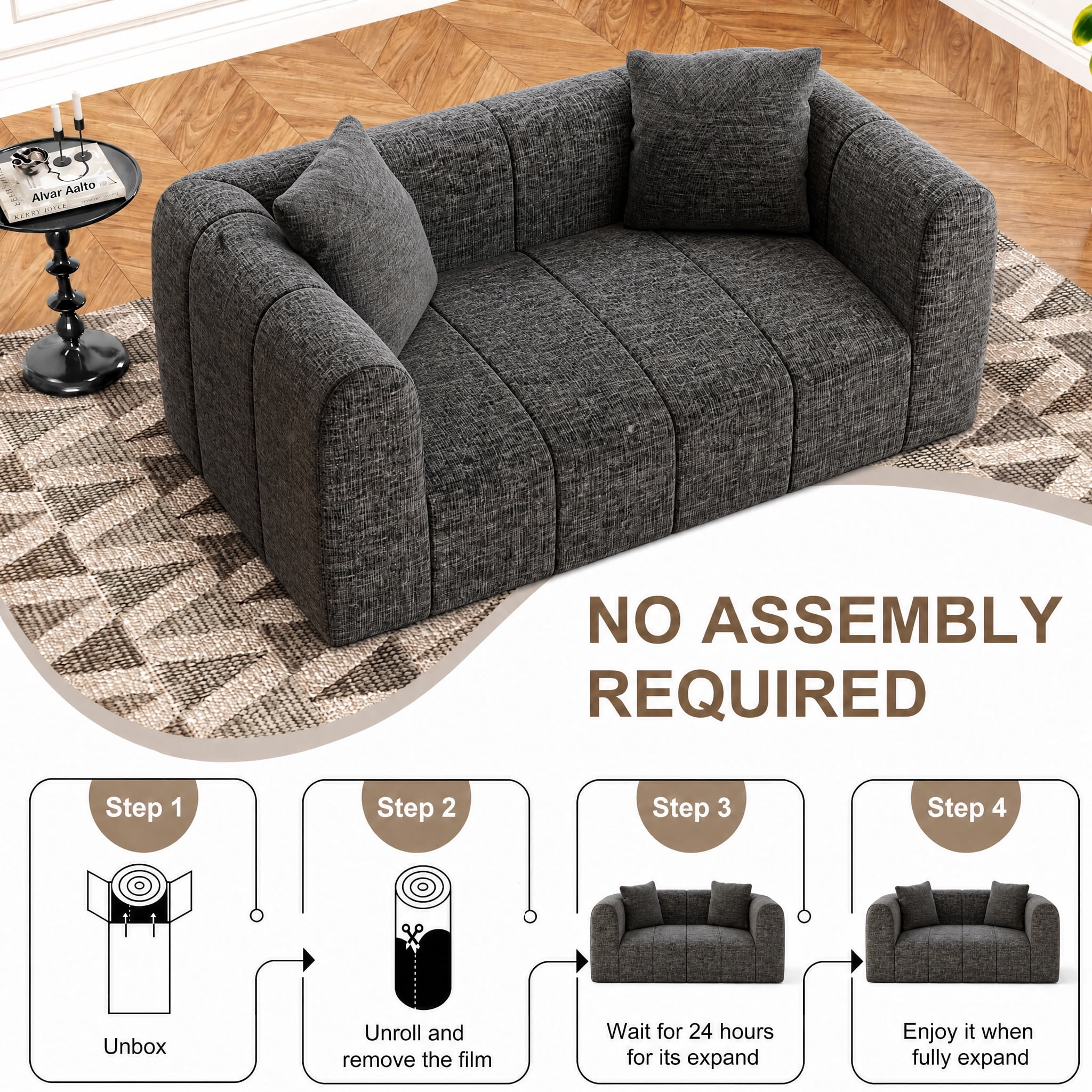 Meeyar Loveseat Sofa with 2 Cushions, 65" Modern Bubble Couch 2 Seater for Living Room, Charcoal Black