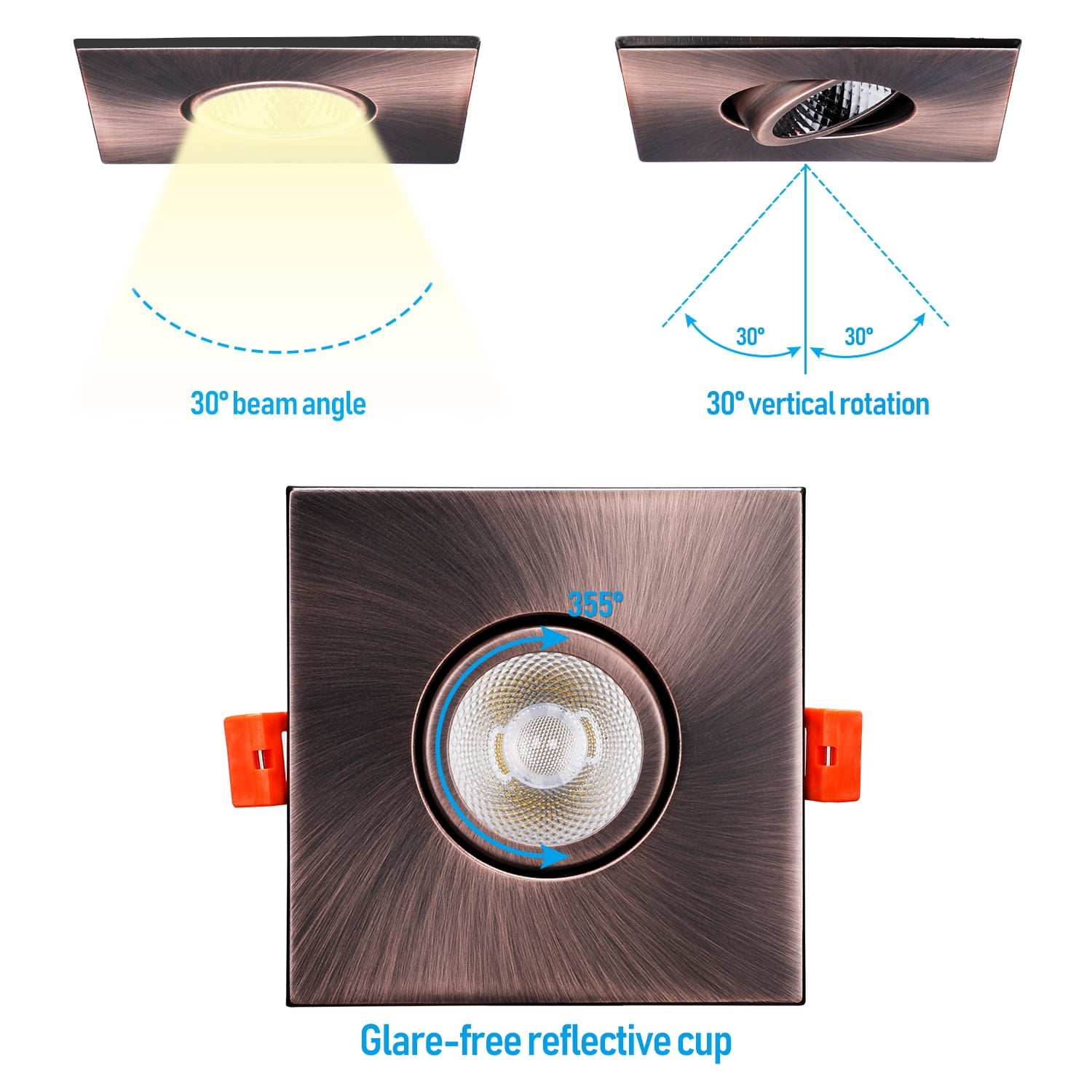 6 Pack 3 Inch 7W Gimbal LED Recessed Light with J-Box, Square Downlight Dimmable, 4000K Cool White, Oil Rubbed Bronze
