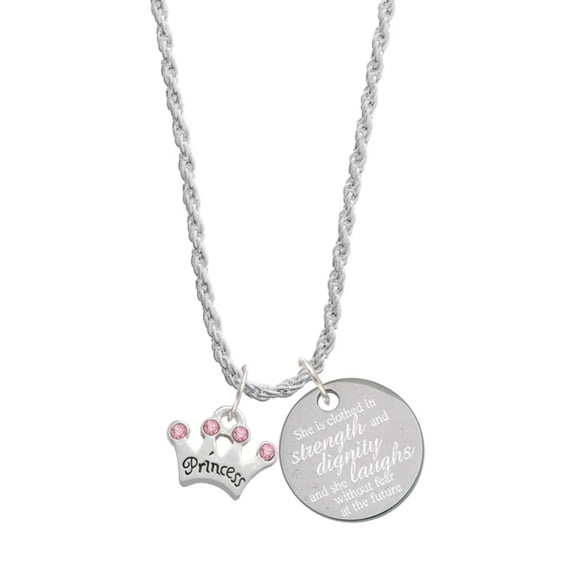 Delight Jewelry Silvertone Small ''Princess'' Crown with Pink Crystals She is Clothed in Stength and Dignity Charm Necklace, 20" 3"