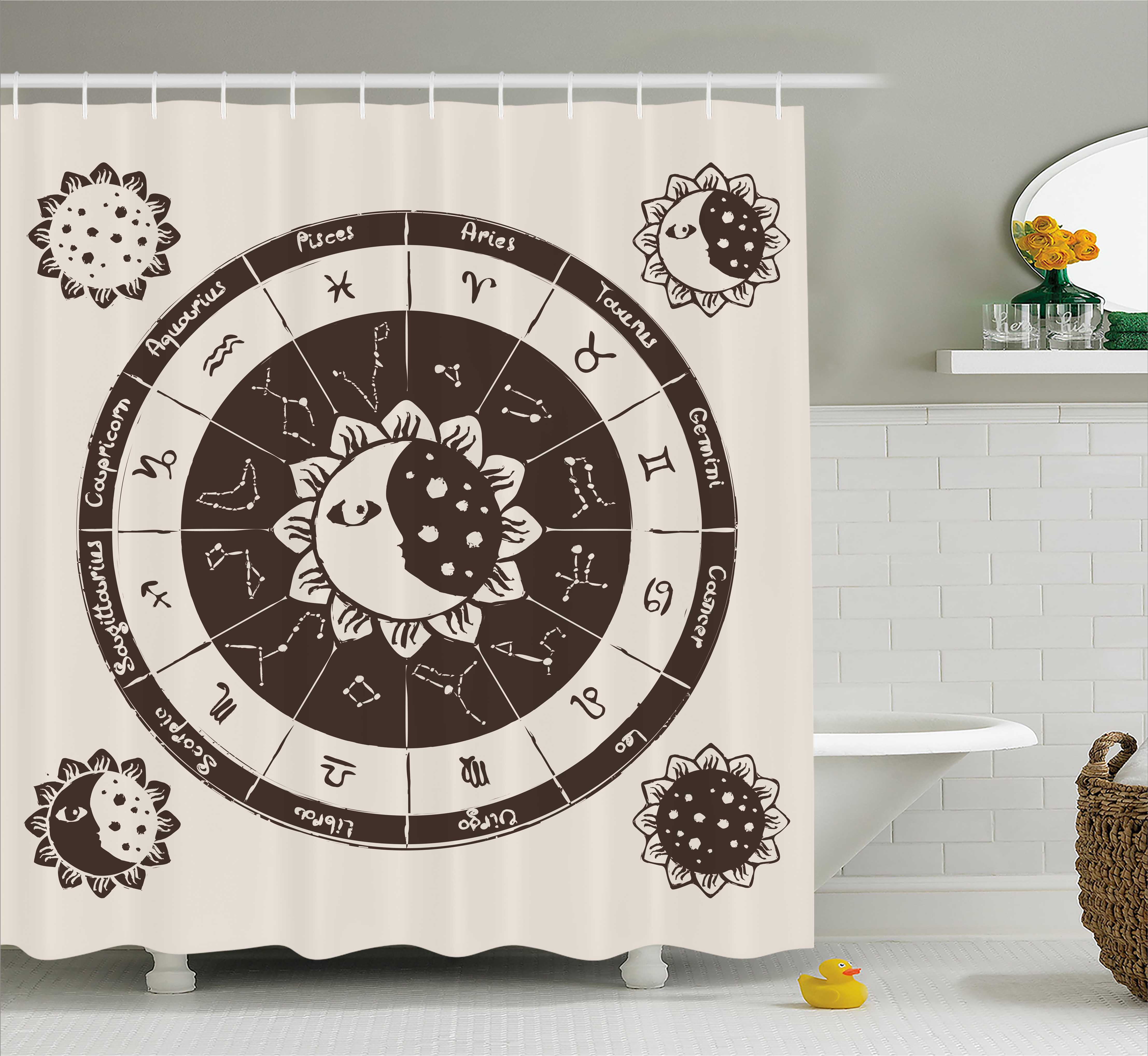 Constellation Shower Curtain, Zodiac Signs Circle with Sun and Moon