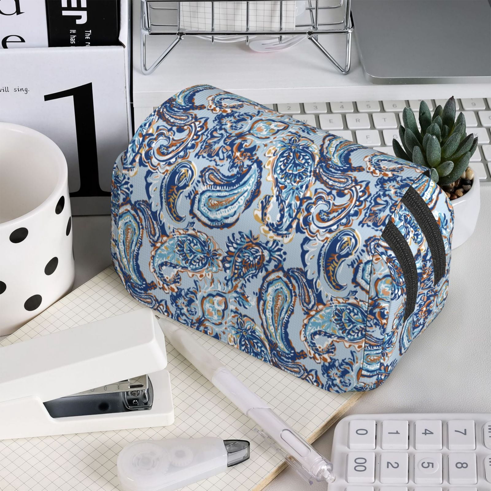 Rateoe Paisley Floral Branches Pattern Double Clamshell Pen Case, Storage Organizer with Two Zipper Compartments– Holds Up to 50 Pencils & Pens
