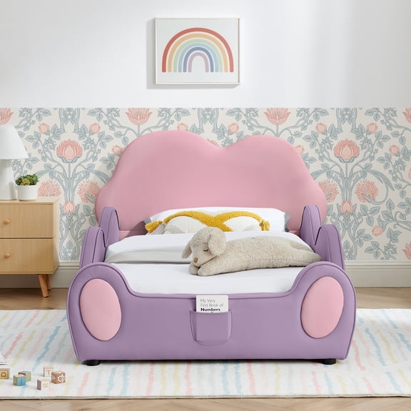 avobird Twin-Size PU Leather Children's Bed with Cute Cloud Design (with Guardrails), Safe & Cartoon Themed Kids Bed in Purple & Pink, Includes Storage Pocket
