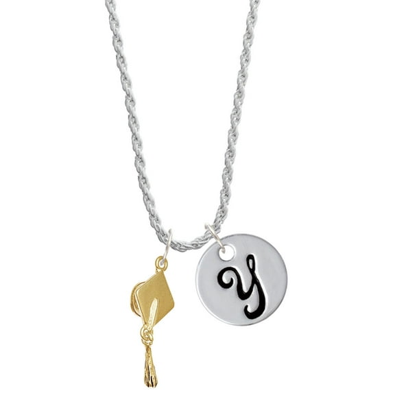 Delight Jewelry Goldtone Graduation Hat Silvertone Script Initial Disc - Y - Charm Necklace, 20"+3"
