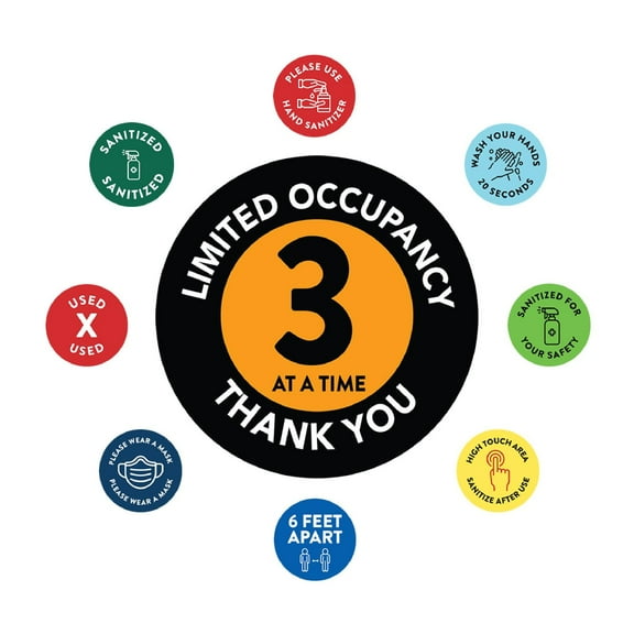 Koyal Wholesale Social Distancing Maximum Occupancy Limited Occupancy 3 At A Time Business Signs, 50 Labels Vinyl Decal