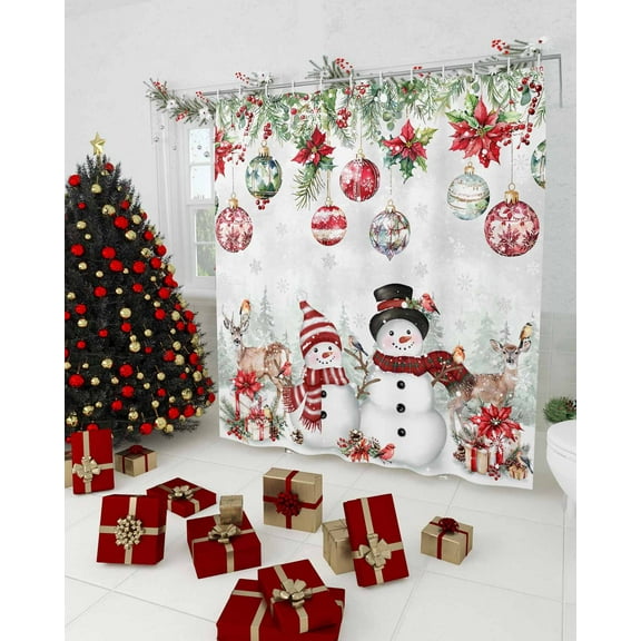 Christmas Snowman Shower Curtain, Xmas Balls Elk Botanical Grey Waterproof Washable Boho Funny Cute Shower Curtains Set for Bathroom Farmhouse Bathtubs Decor with Hook, 36"Wx72"L