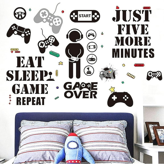 QTH Game Wall Stickers, Pack of 36 Game Zone Wall Stickers, Removable Gaming Wall Decoration, Vinyl Stickers, Game Art Decorations for Boys, Girls, Home Playroom