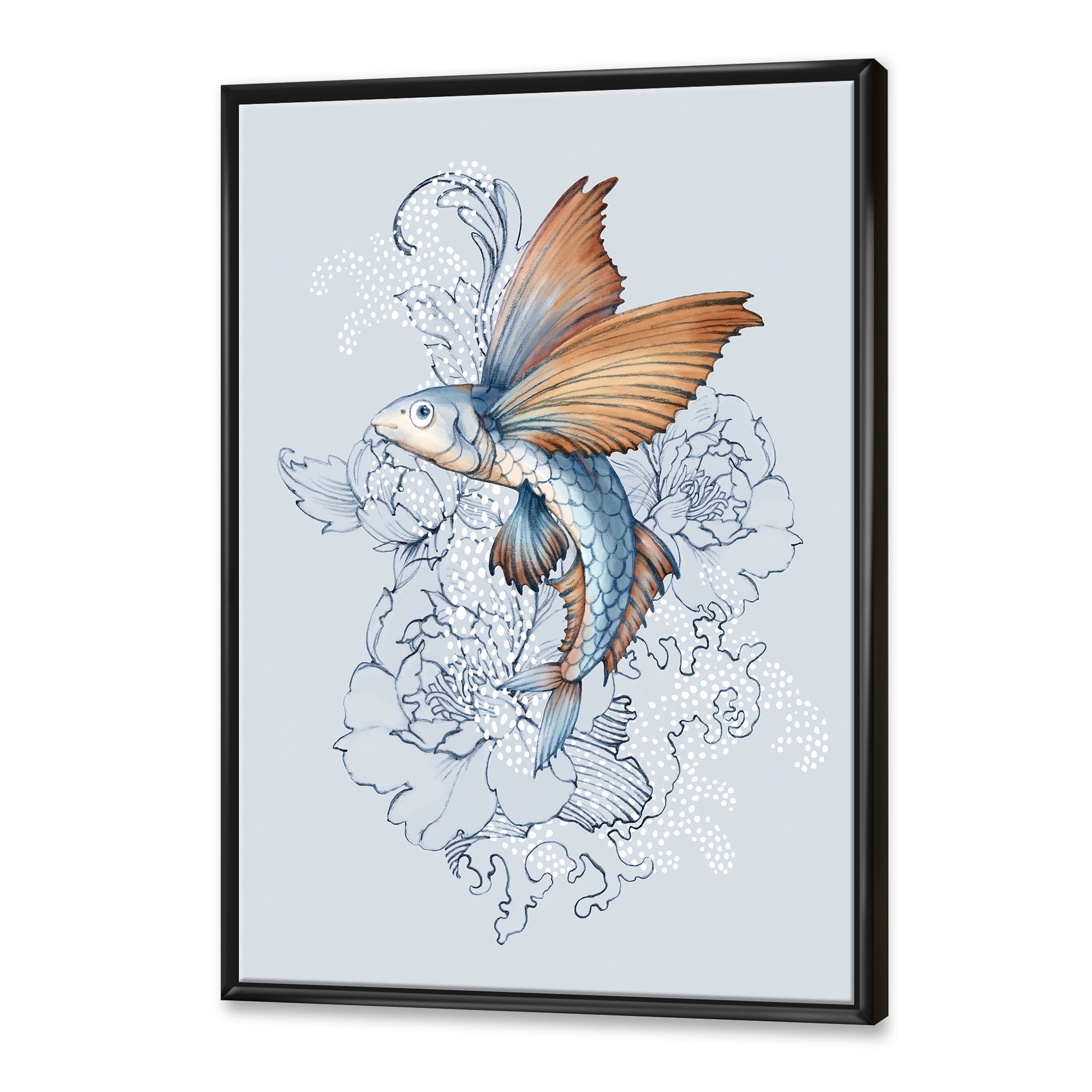 Designart 'Flying Fish and Peonies' Traditional Framed Canvas Wall Art Print