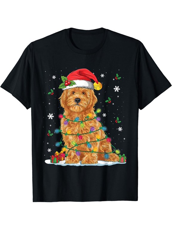 Goldendoodle Christmas Santa Hat Fairy Lights Pajama Funny T-Shirt
