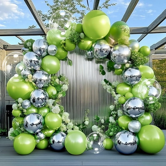 KINNO Green Silver Balloon Garland Metallic Silver Lime Green Pearl balloon Arch Kit for Baby Shower Birthday Wedding Bridal Shower Party Decor