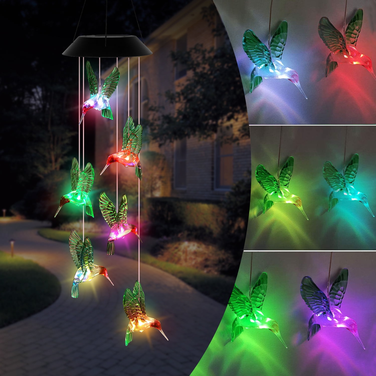 Color Changing Solar Powered LED Hummingbird Wind Chimes Light Garden Decor Lamp