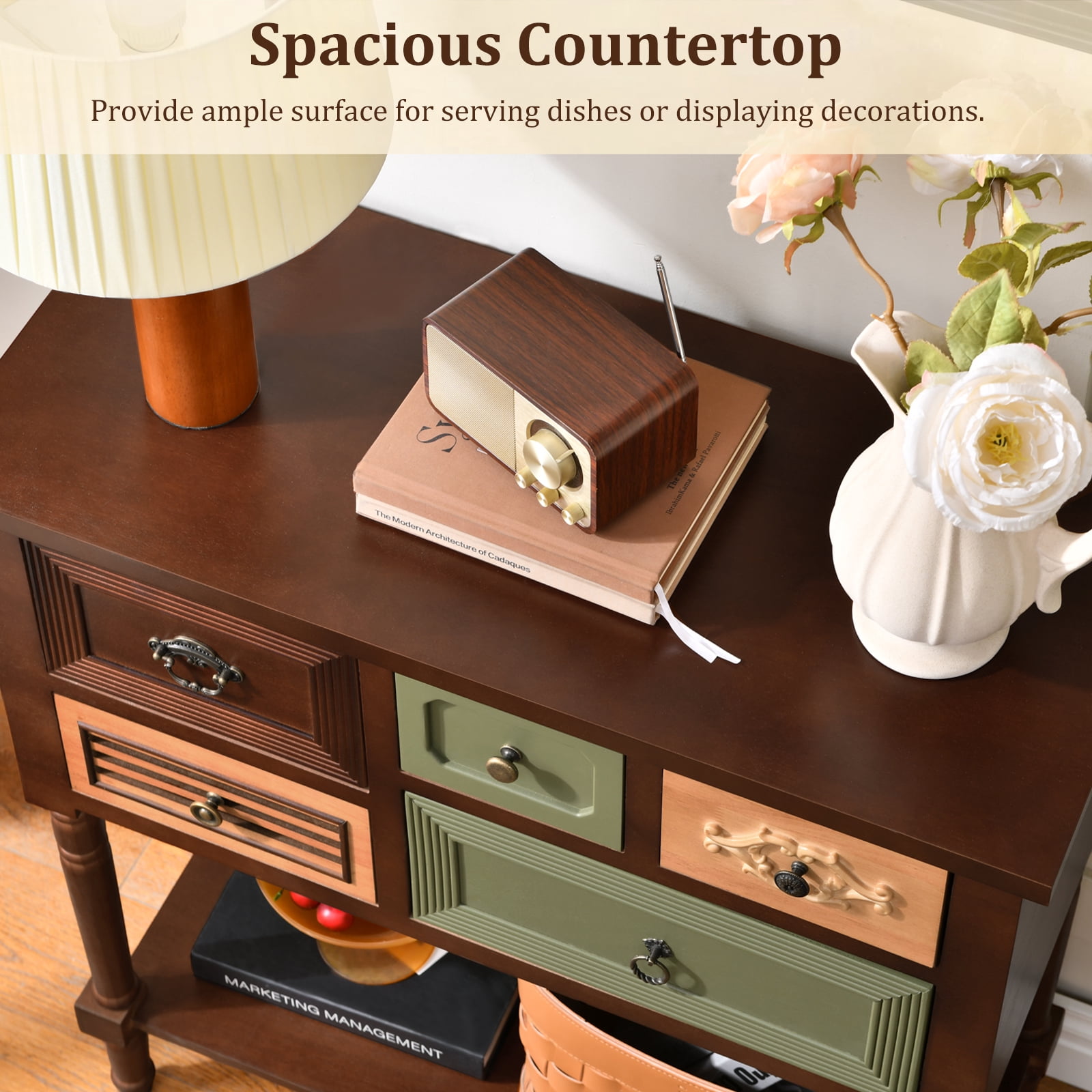 Ahokua Vintage Console Table with Multi-Design Drawers, Open Shelf, Decorative Storage for Entryway and Living Room